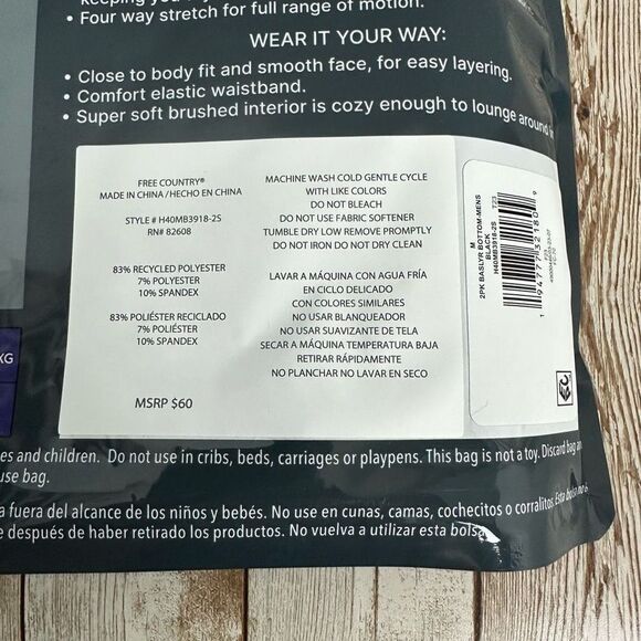 Free Country Men’s Baselayer Bottom Black Medium 2PK - Picture 6 of 6